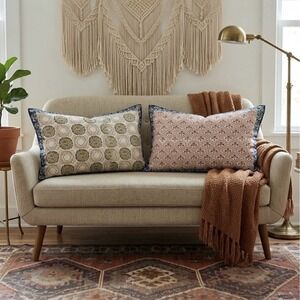 Anthropologie Meguro Collection King Pillow Sham Set 2 Red Blue Batik  20" X 36"